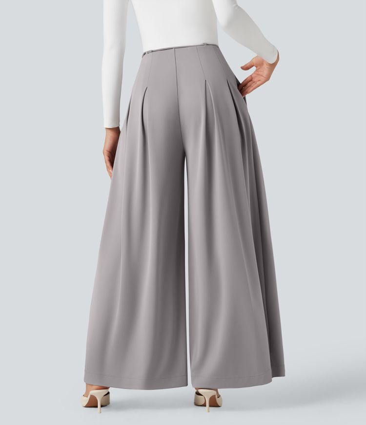 Halara Flex™ High Waisted Tie Front Wide Leg Crepe Work Trousers with Pockets