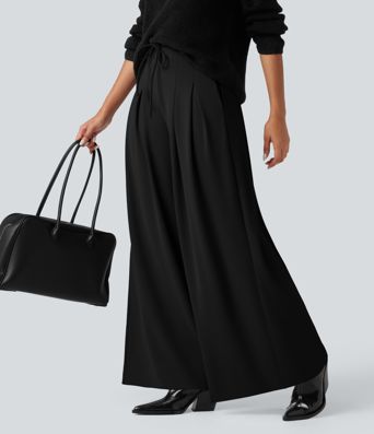 Halara Flex™ wide-leg, flowing, high-waisted crepe tailored trousers with a tie and pockets