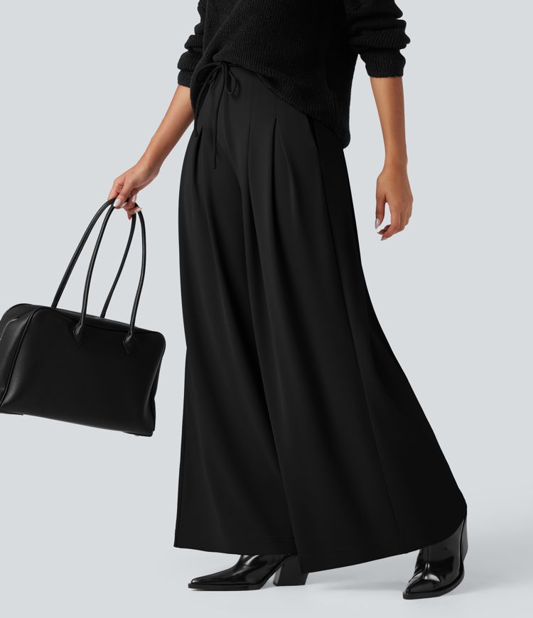 Halara Flex™ wide-leg, flowing, high-waisted crepe tailored trousers with a tie and pockets