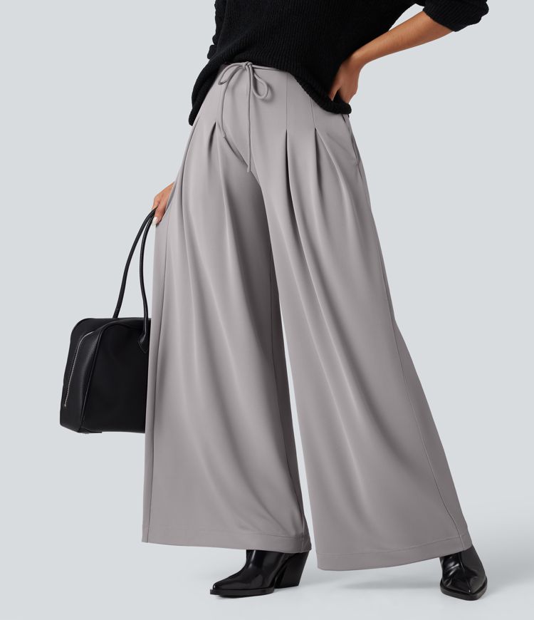 Halara Flex™ High Waisted Tie Front Wide Leg Crepe Work Trousers with Pockets