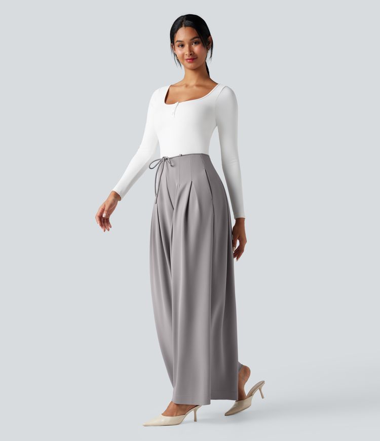 Halara Flex™ High Waisted Tie Front Wide Leg Crepe Work Trousers with Pockets