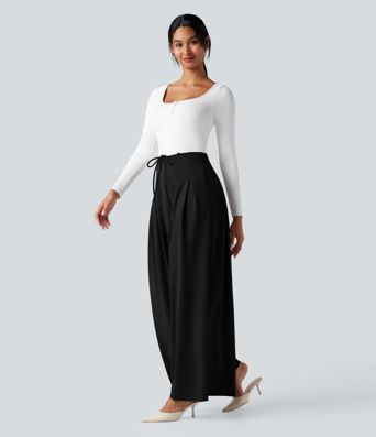 Halara Flex™ wide-leg, flowing, high-waisted crepe tailored trousers with a tie and pockets