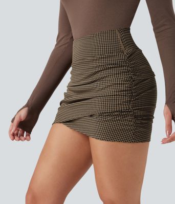 High Waisted 2-in-1 Houndstooth Bodycon Mini Casual Skirt with Pocket