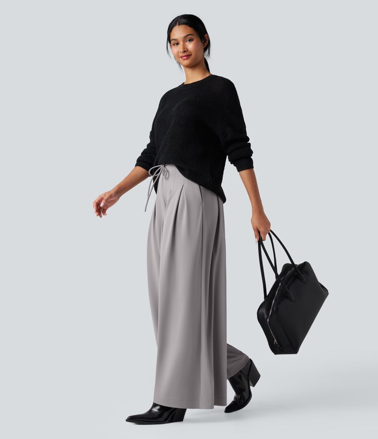 Halara Flex™ High Waisted Tie Front Wide Leg Crepe Work Trousers with Pockets