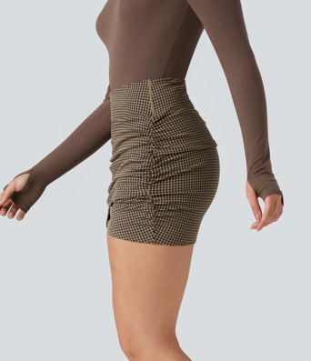 High Waisted 2-in-1 Houndstooth Bodycon Mini Casual Skirt with Pocket