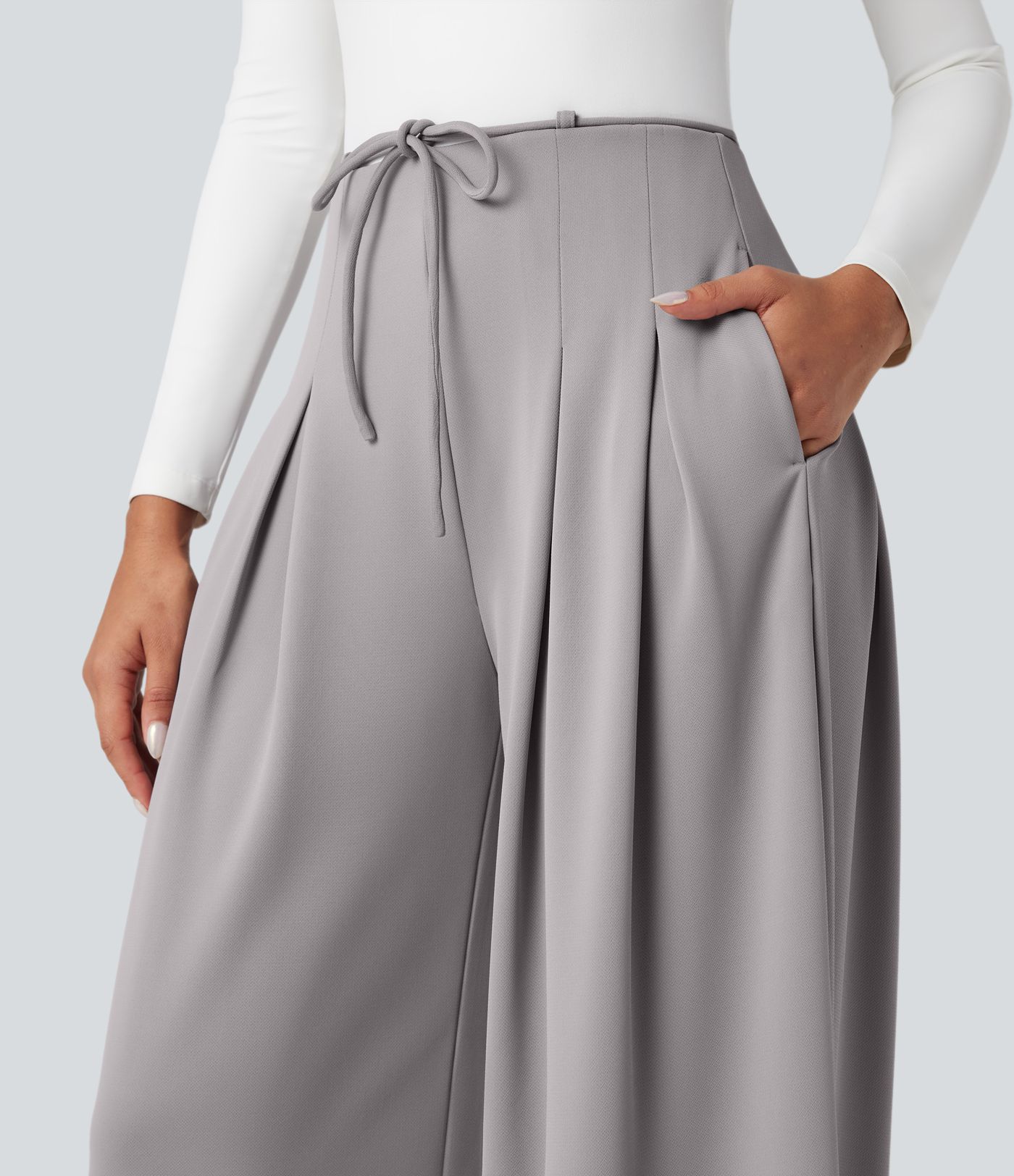 Pantalones de trabajo de crepé de talle alto Halara Flex™, con lazada frontal, pierna ancha y bolsillos