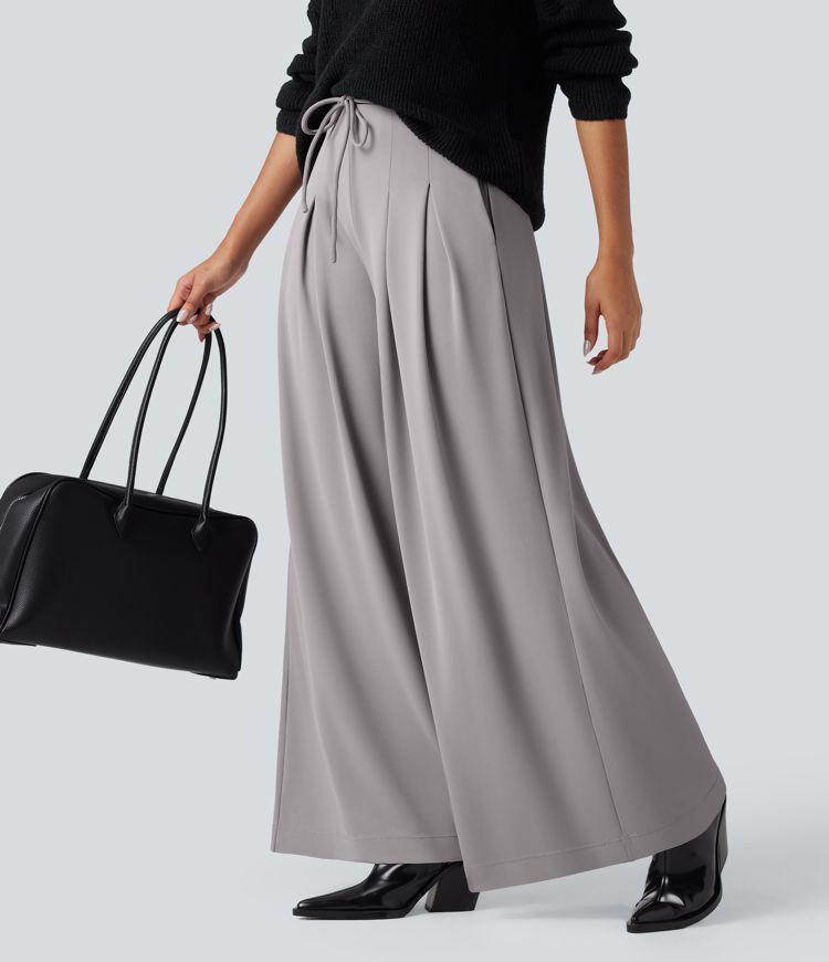 Halara Flex™ High Waisted Tie Front Wide Leg Crepe Work Trousers with Pockets