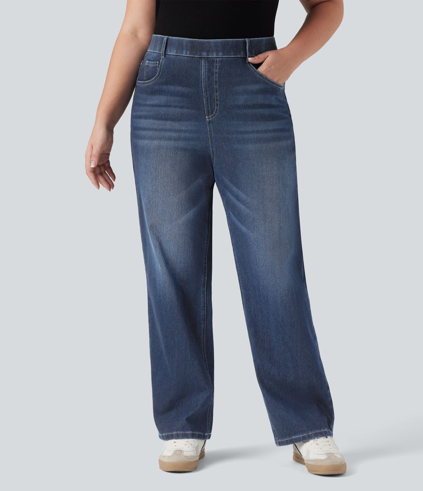 Plus izmēra Halara Flex™ džinsi ar augstu vidukli, vēdera formējoši, taisnām kājām, mazgāta izskata, ikdienas stilā, ar kabatām Plus izmēra Halara Flex™ džinsi ar augstu vidukli, vēdera formējoši, taisnām kājām, mazgāta izskata, ikdienas stilā, ar kabatām