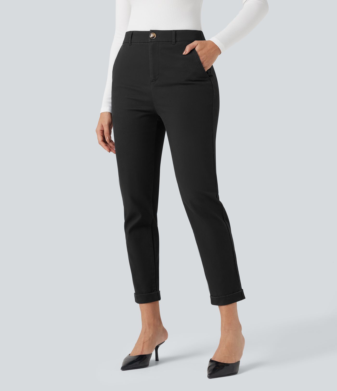 Mid Rise Slim Casual 7/8 Chino Cotton Pants with Pockets