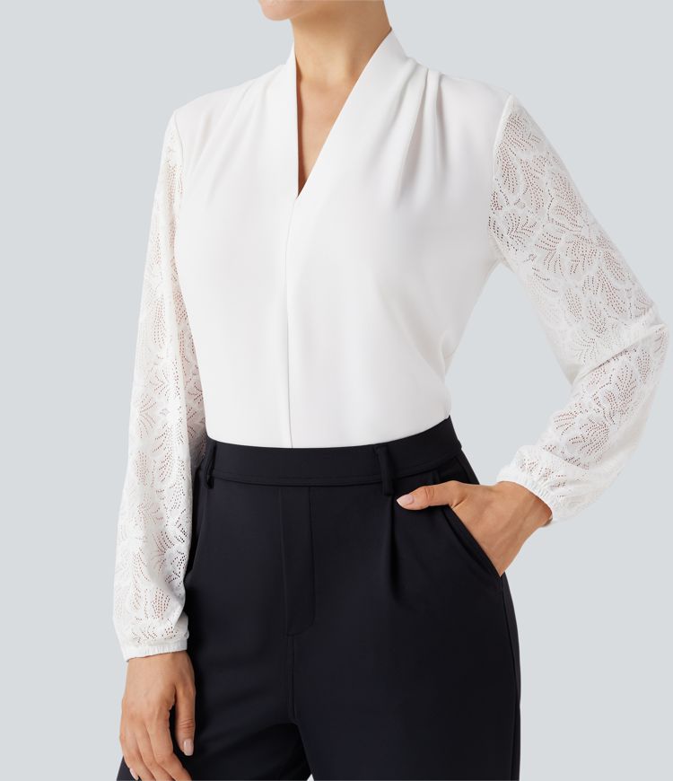 V-neck Long Sleeve Contrast Lace Work Blouse