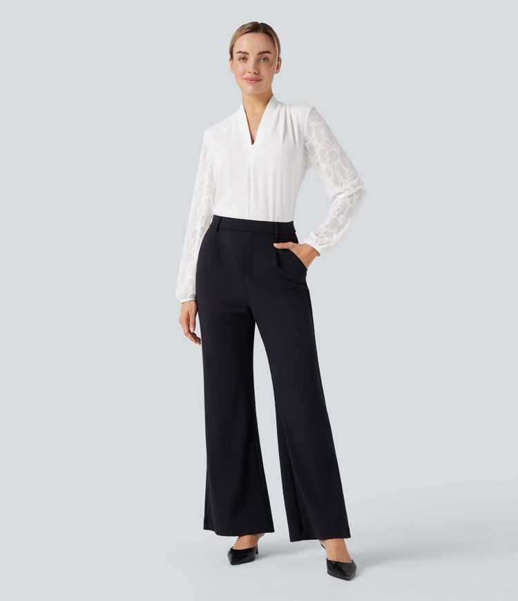 V-neck Long Sleeve Contrast Lace Work Blouse