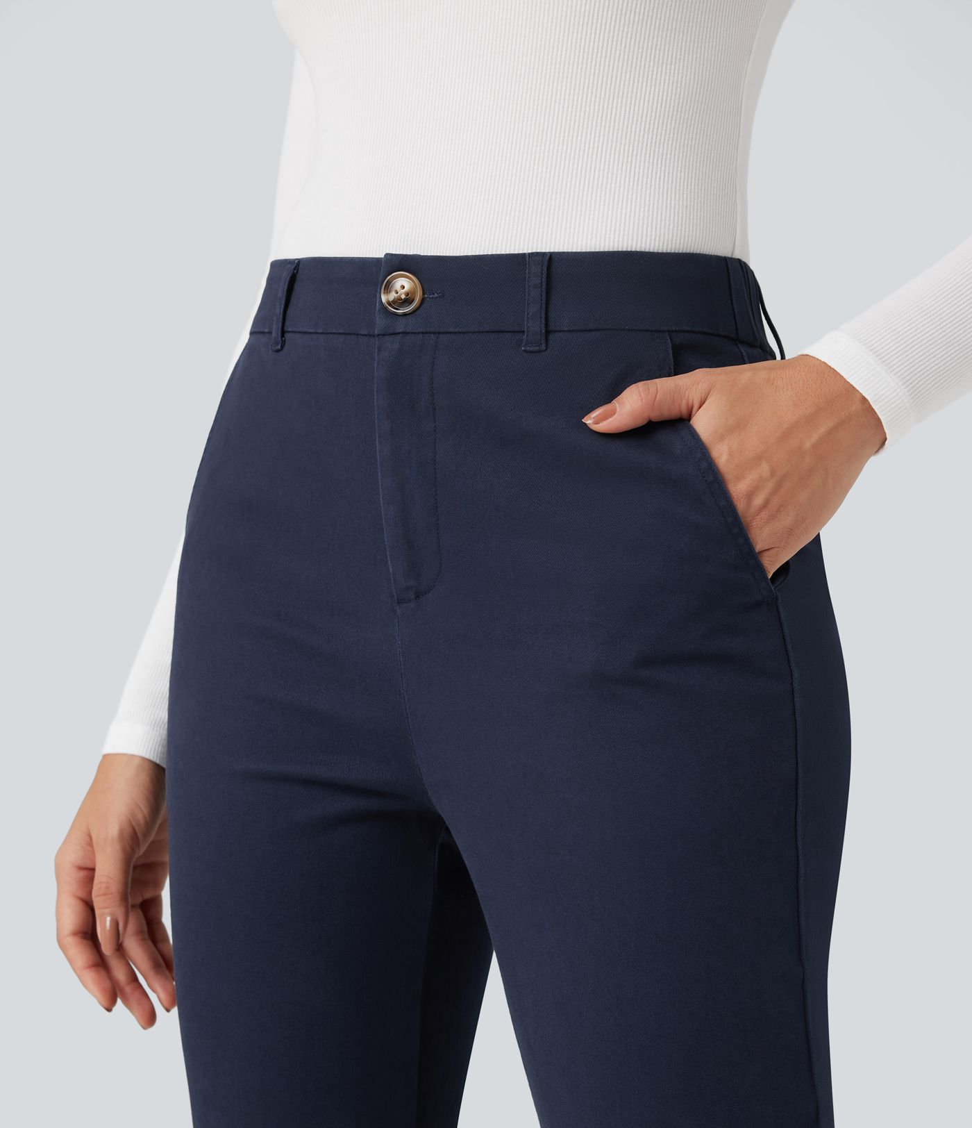 Mid Rise Slim Casual 7/8 Chino Cotton Pants with Pockets