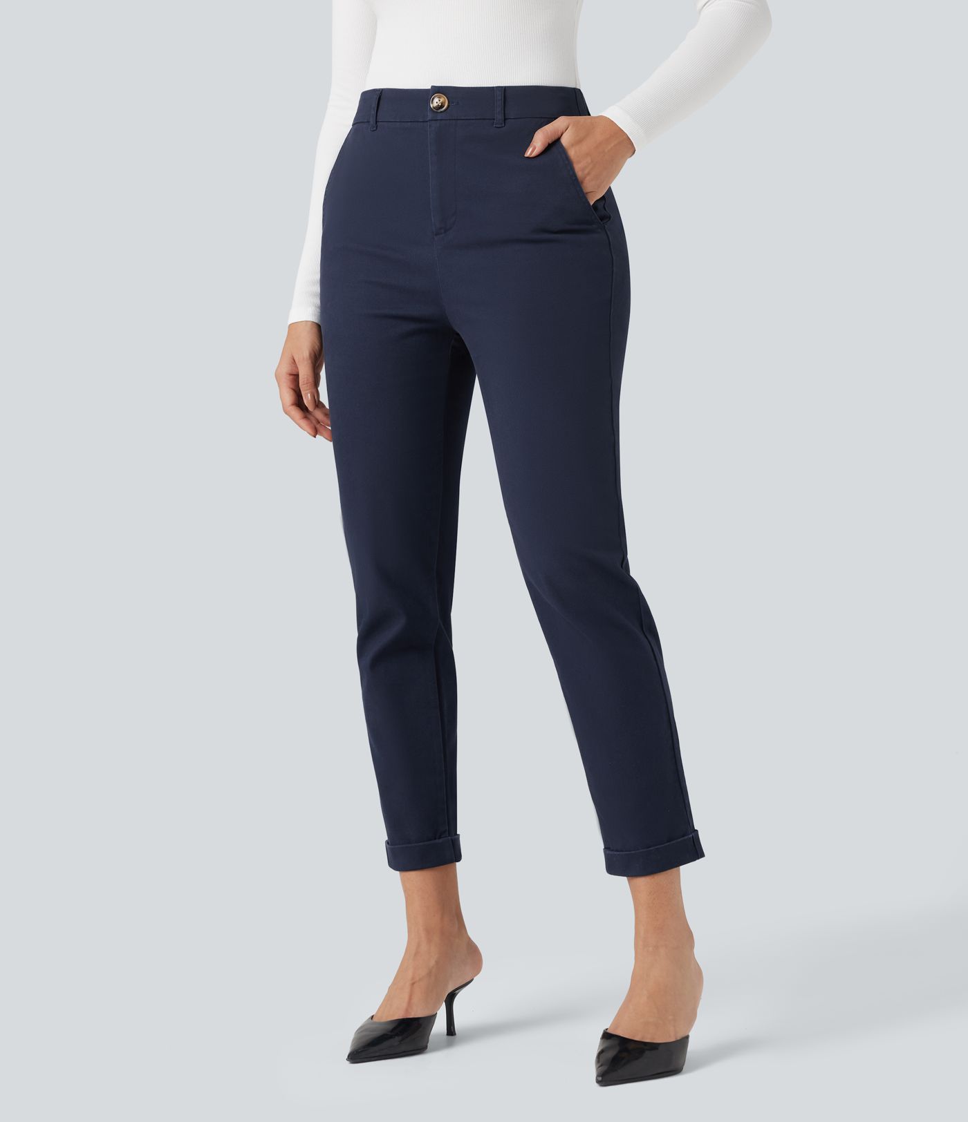 Mid Rise Slim Casual 7/8 Chino Cotton Pants with Pockets