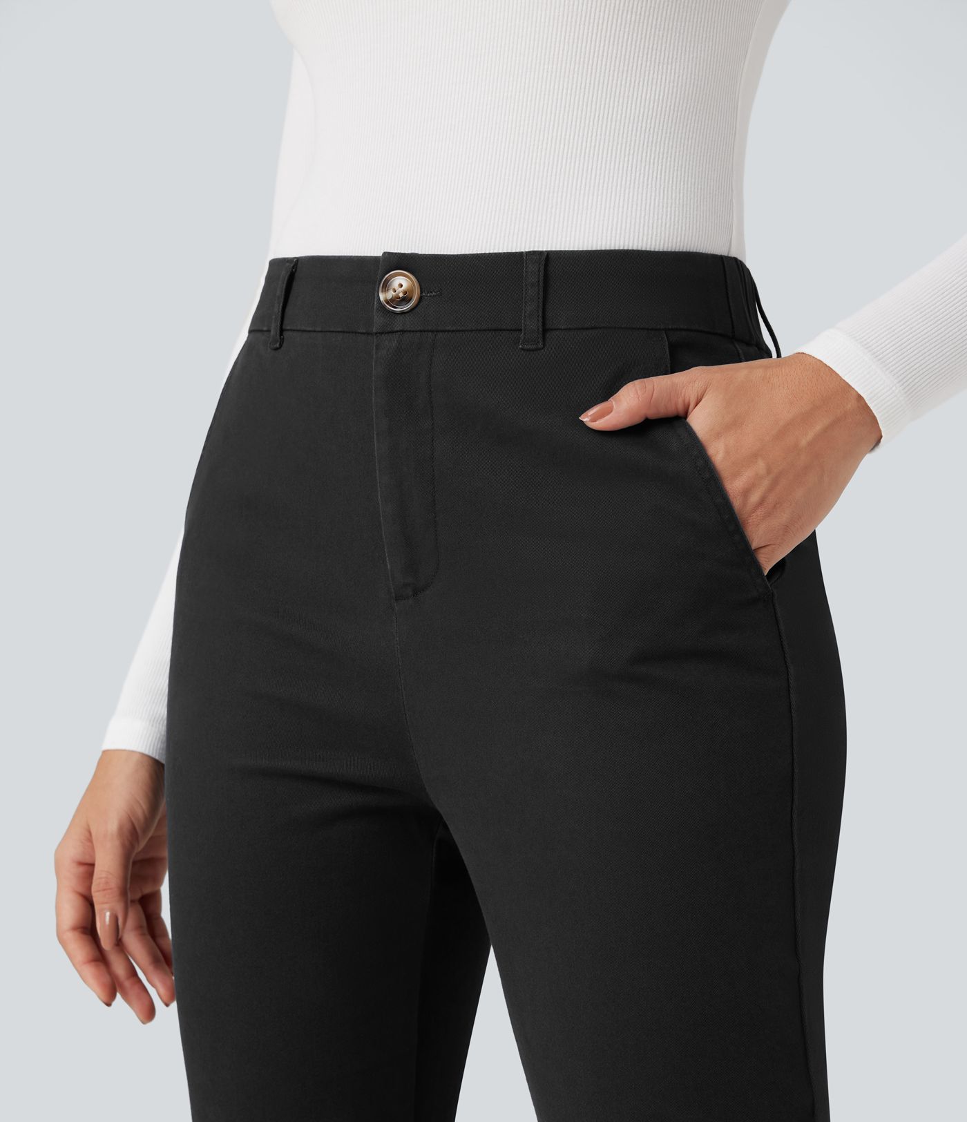 Mid Rise Slim Casual 7/8 Chino Cotton Pants with Pockets