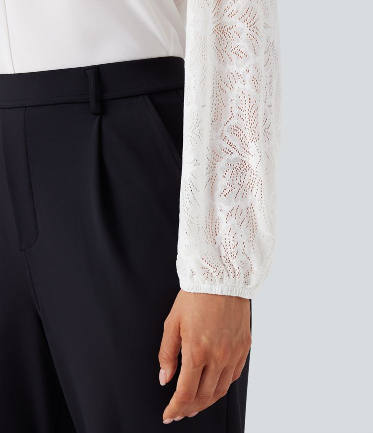 V-neck Long Sleeve Contrast Lace Work Blouse
