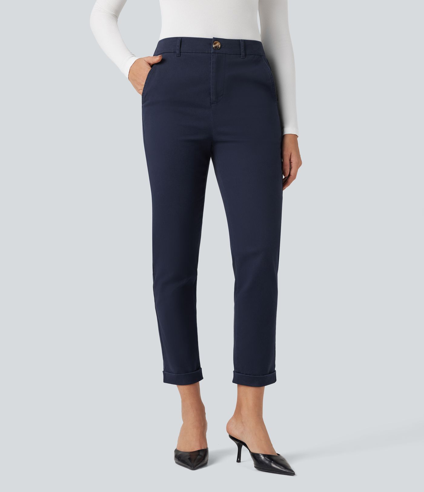 Mid Rise Slim Casual 7/8 Chino Cotton Pants with Pockets