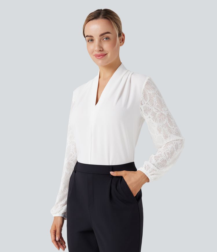 V-neck Long Sleeve Contrast Lace Work Blouse