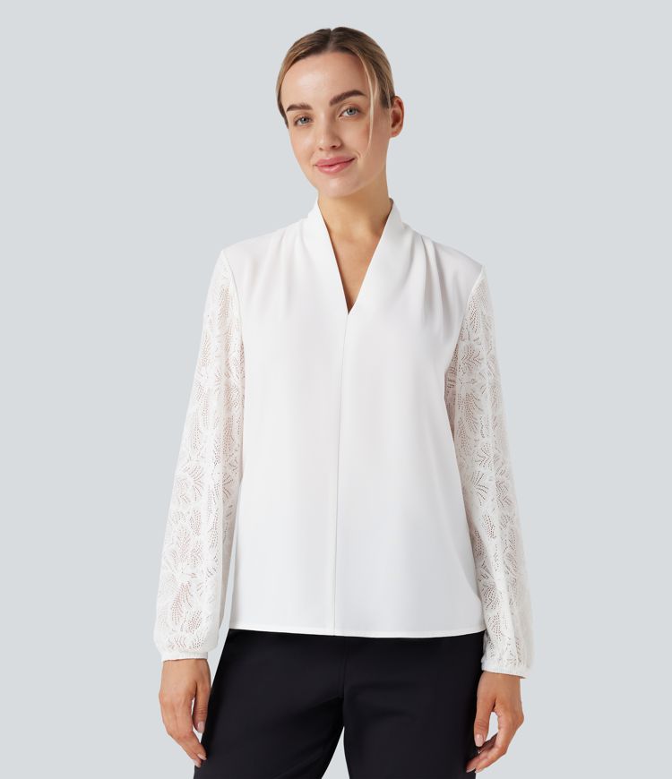 V-neck Long Sleeve Contrast Lace Work Blouse