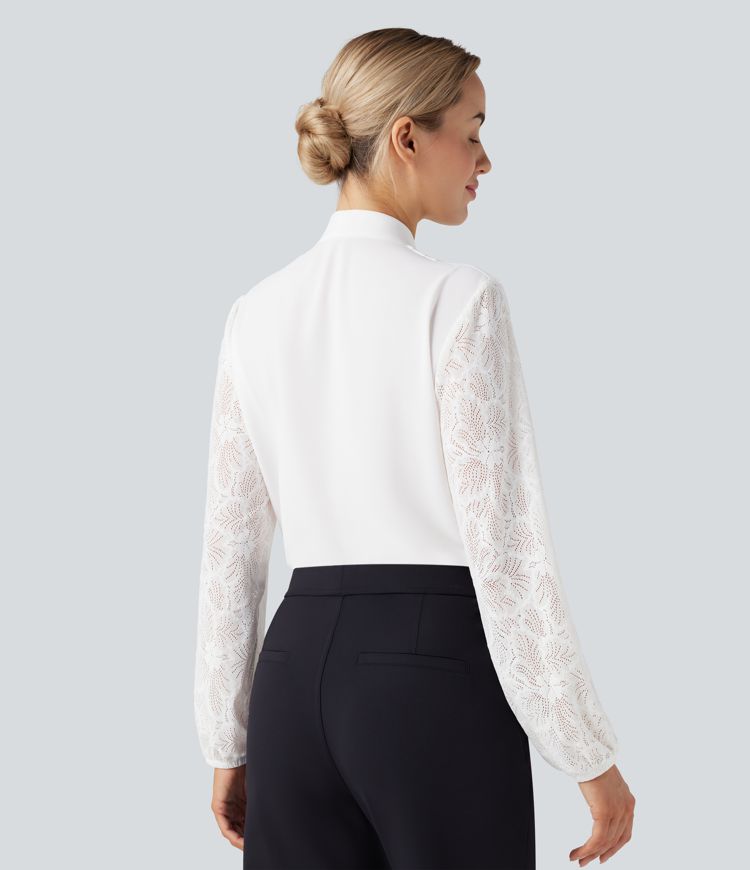 V-neck Long Sleeve Contrast Lace Work Blouse