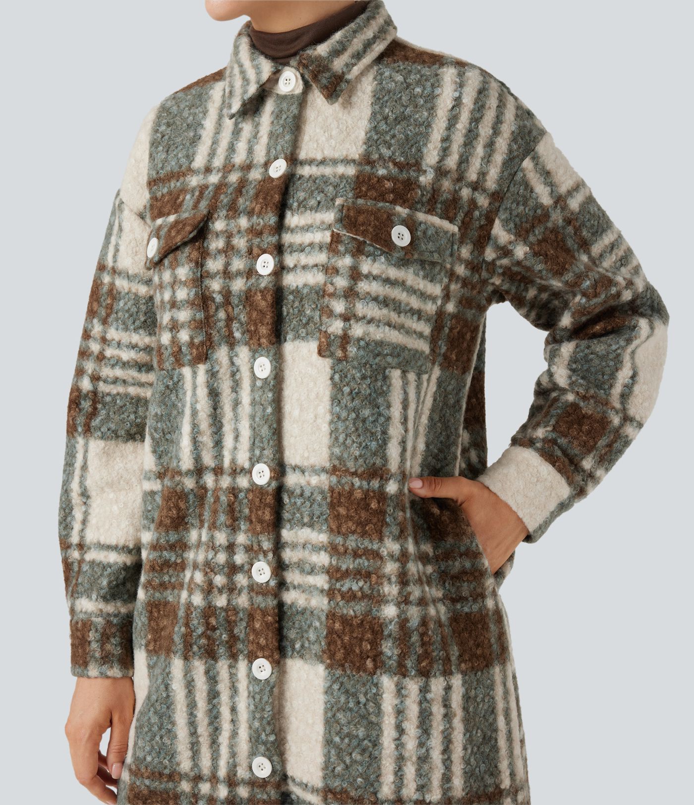 Long Sleeve Plaid Longline Casual Sherpa Jacket with Pockets