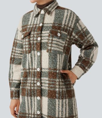 Long Sleeve Plaid Longline Casual Sherpa Jacket with Pockets