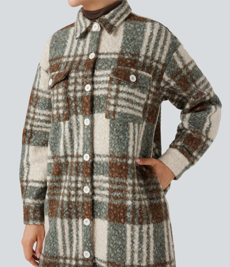 Long Sleeve Plaid Longline Casual Sherpa Jacket with Pockets