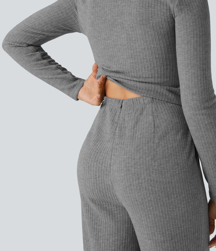 Ribbed Henley Long Sleeve Casual Jumpsuit with Pockets-Easy Peezy