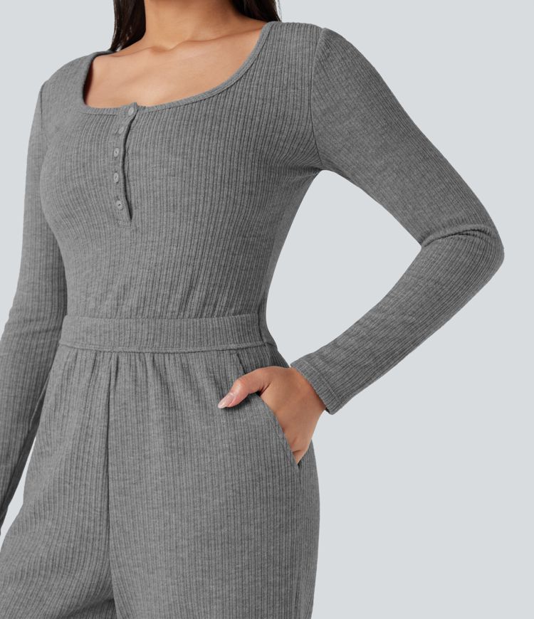 Ribbed Henley Long Sleeve Casual Jumpsuit with Pockets-Easy Peezy