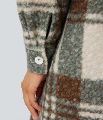 Long Sleeve Plaid Longline Casual Sherpa Jacket with Pockets