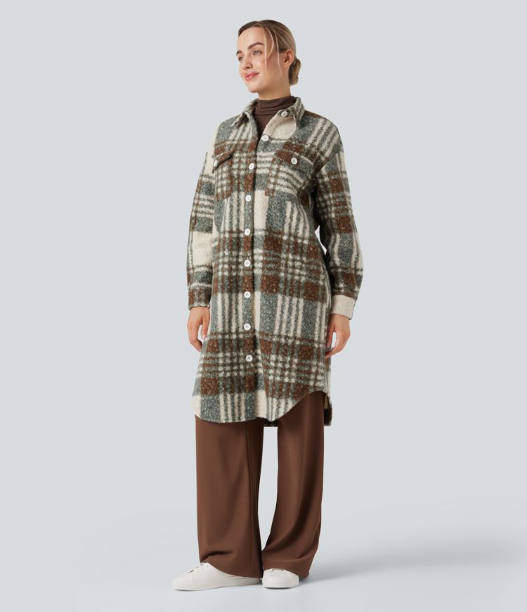 Long Sleeve Plaid Longline Casual Sherpa Jacket with Pockets