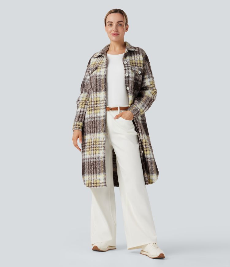 Long Sleeve Plaid Longline Casual Sherpa Jacket with Pockets