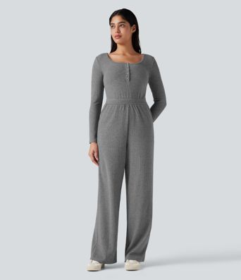Ribbed Henley Long Sleeve Casual Jumpsuit with Pockets-Easy Peezy