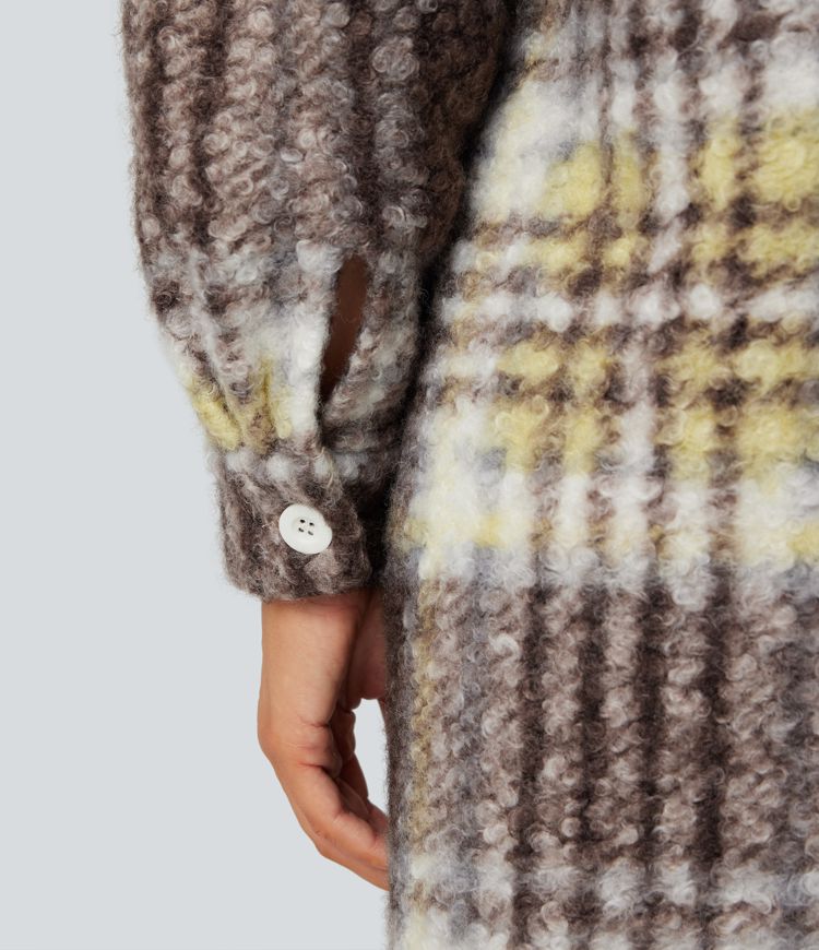 Long Sleeve Plaid Longline Casual Sherpa Jacket with Pockets