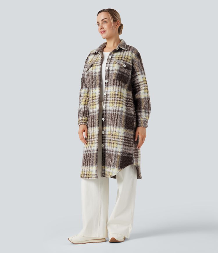 Long Sleeve Plaid Longline Casual Sherpa Jacket with Pockets
