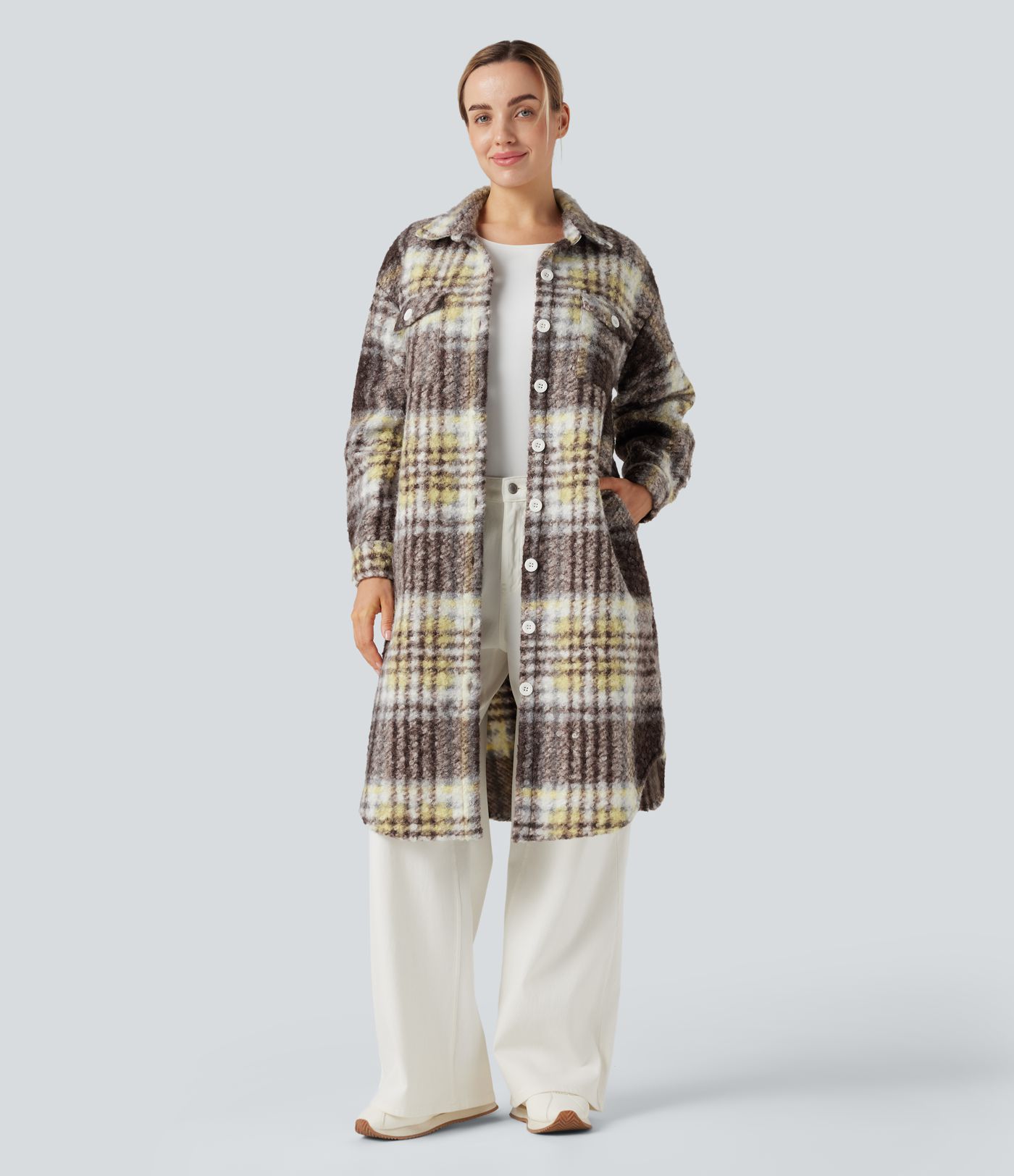 Pagarināta režģaina ikdienas šerpas jaka ar garām piedurknēm un kabatām