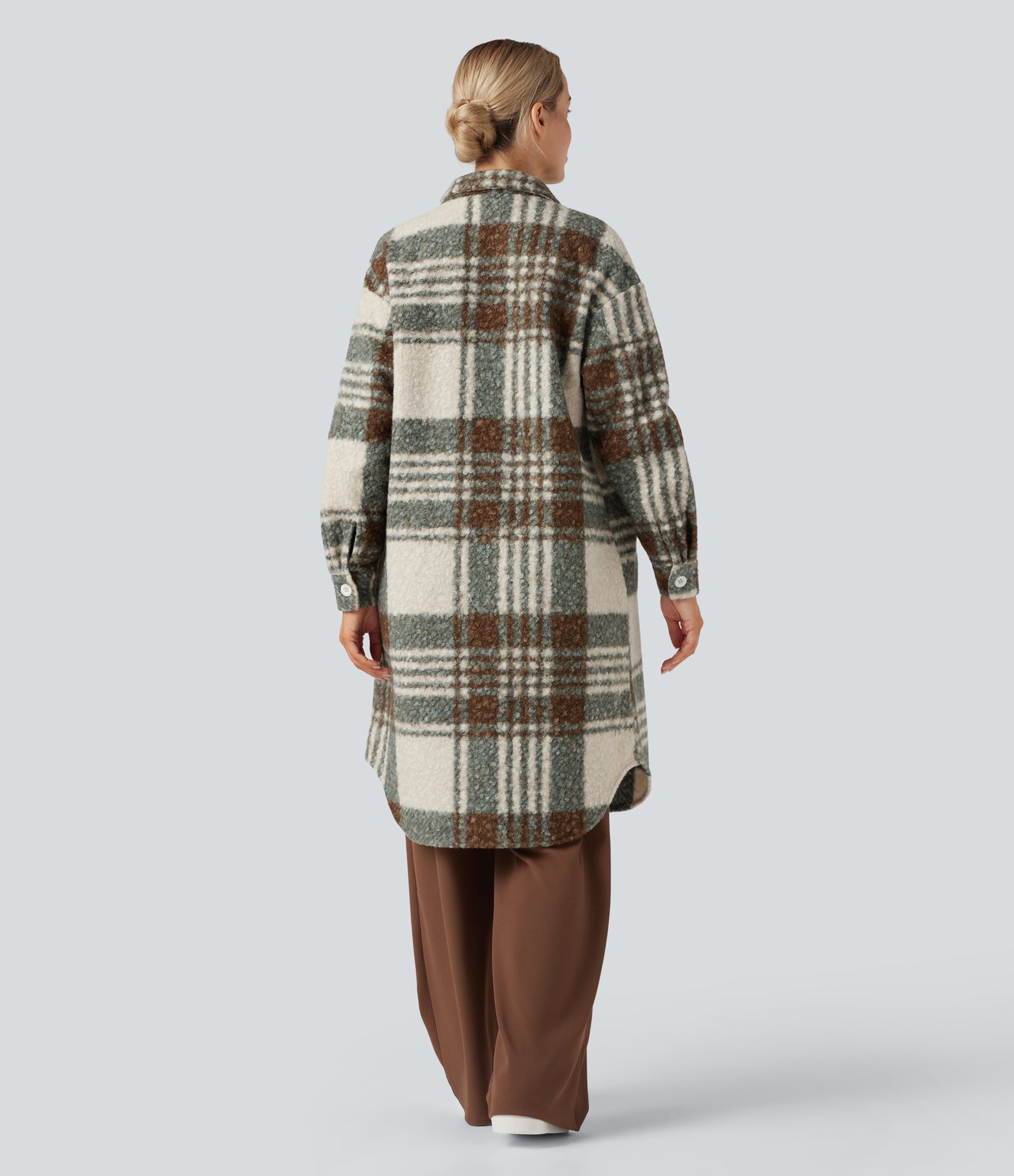 Long Sleeve Plaid Longline Casual Sherpa Jacket with Pockets