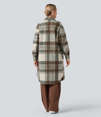 Long Sleeve Plaid Longline Casual Sherpa Jacket with Pockets