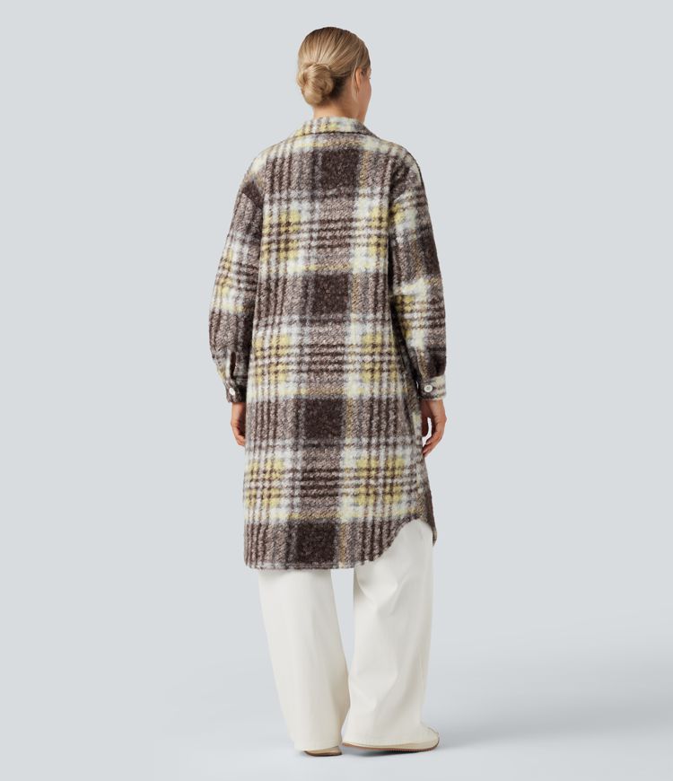 Long Sleeve Plaid Longline Casual Sherpa Jacket with Pockets