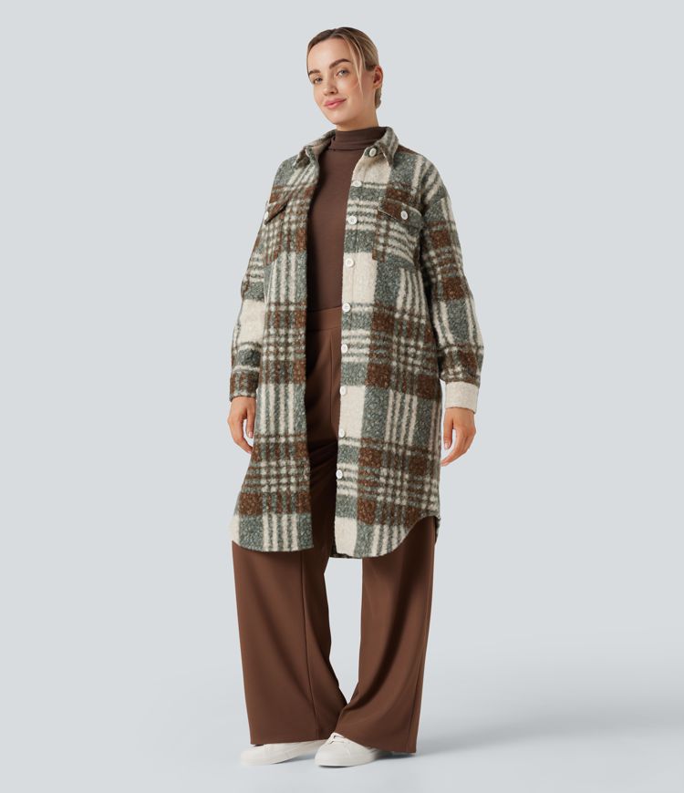 Long Sleeve Plaid Longline Casual Sherpa Jacket with Pockets