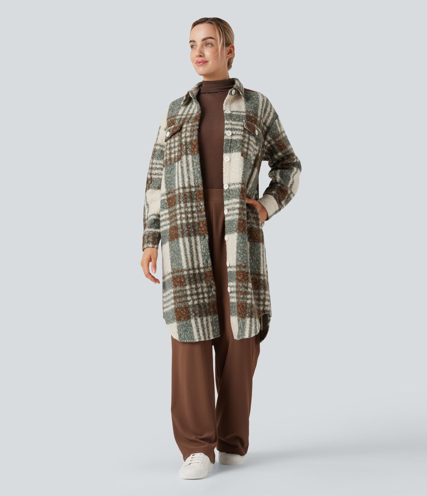 Long Sleeve Plaid Longline Casual Sherpa Jacket with Pockets
