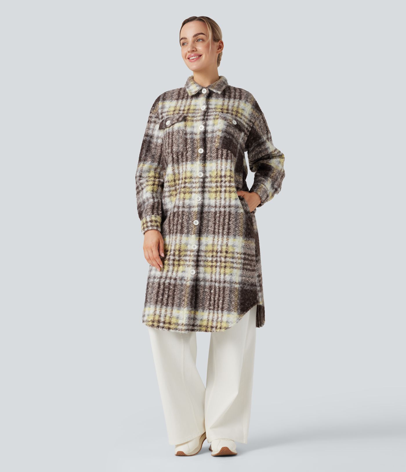 Pagarināta režģaina ikdienas šerpas jaka ar garām piedurknēm un kabatām