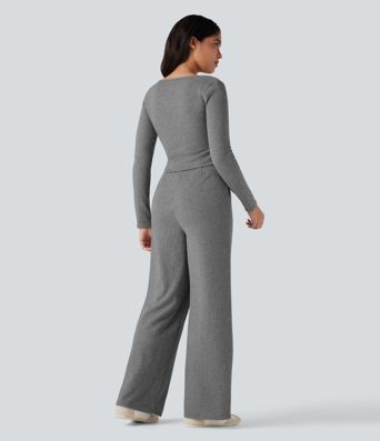 Ribbed Henley Long Sleeve Casual Jumpsuit with Pockets-Easy Peezy