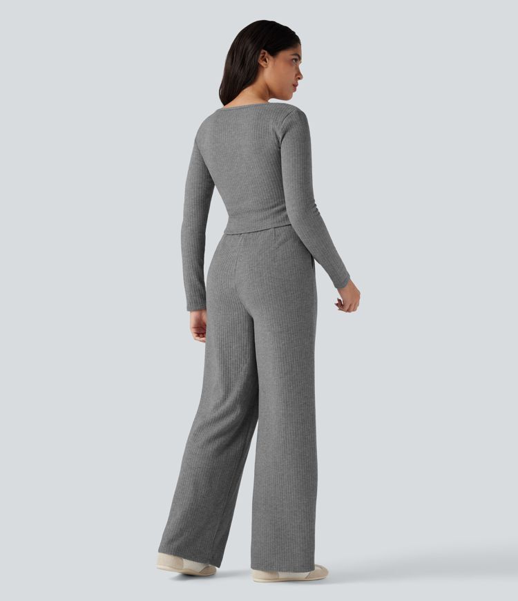 Ribbed Henley Long Sleeve Casual Jumpsuit with Pockets-Easy Peezy