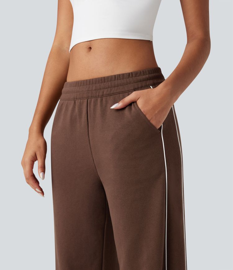 Pantalon coton coupe droite taille mi-haute color block avec cordon de serrage et poches