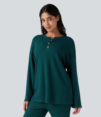 Henley-Kragen Langarm-Waffel-Lounge-Top