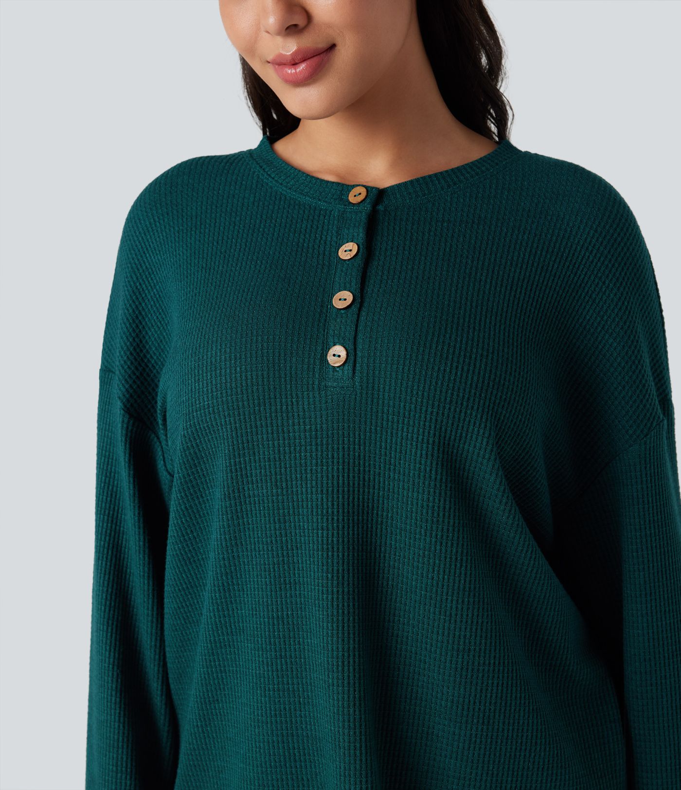 Henley-Kragen Langarm-Waffel-Lounge-Top