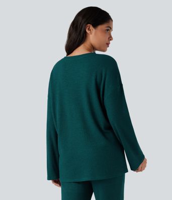 Henley-Kragen Langarm-Waffel-Lounge-Top