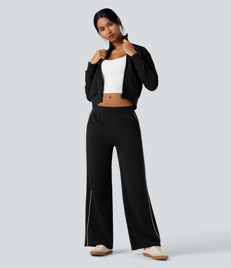 Pantaloni casual in cotone a blocchi di colore, vita media con coulisse, gamba dritta e tasche.