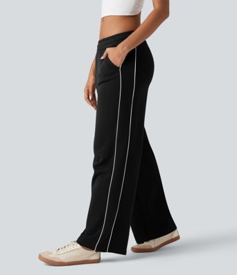 Pantaloni casual in cotone a blocchi di colore, vita media con coulisse, gamba dritta e tasche.