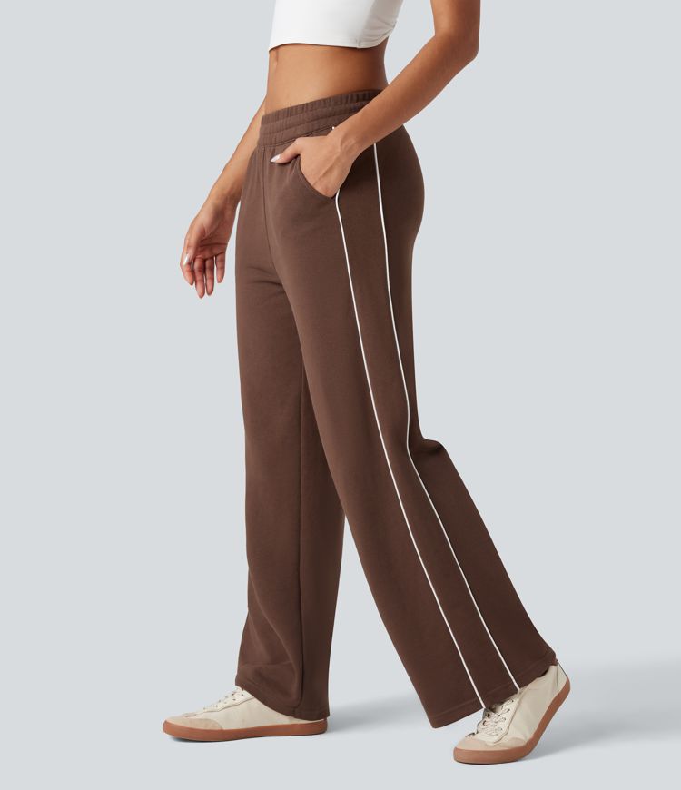 Mid Rise Drawstring Straight Leg Color Block Casual Cotton Pants with Pockets